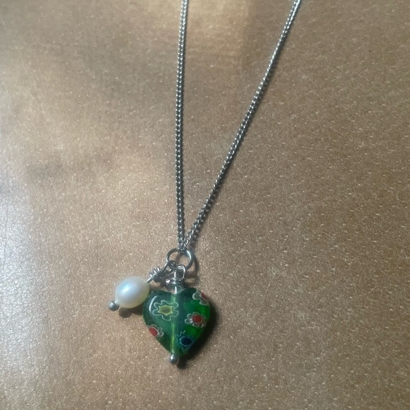 Millefiori Italian 💚 heart bead charm pendant necklace pearl multicolor floral - Picture 5 of 7